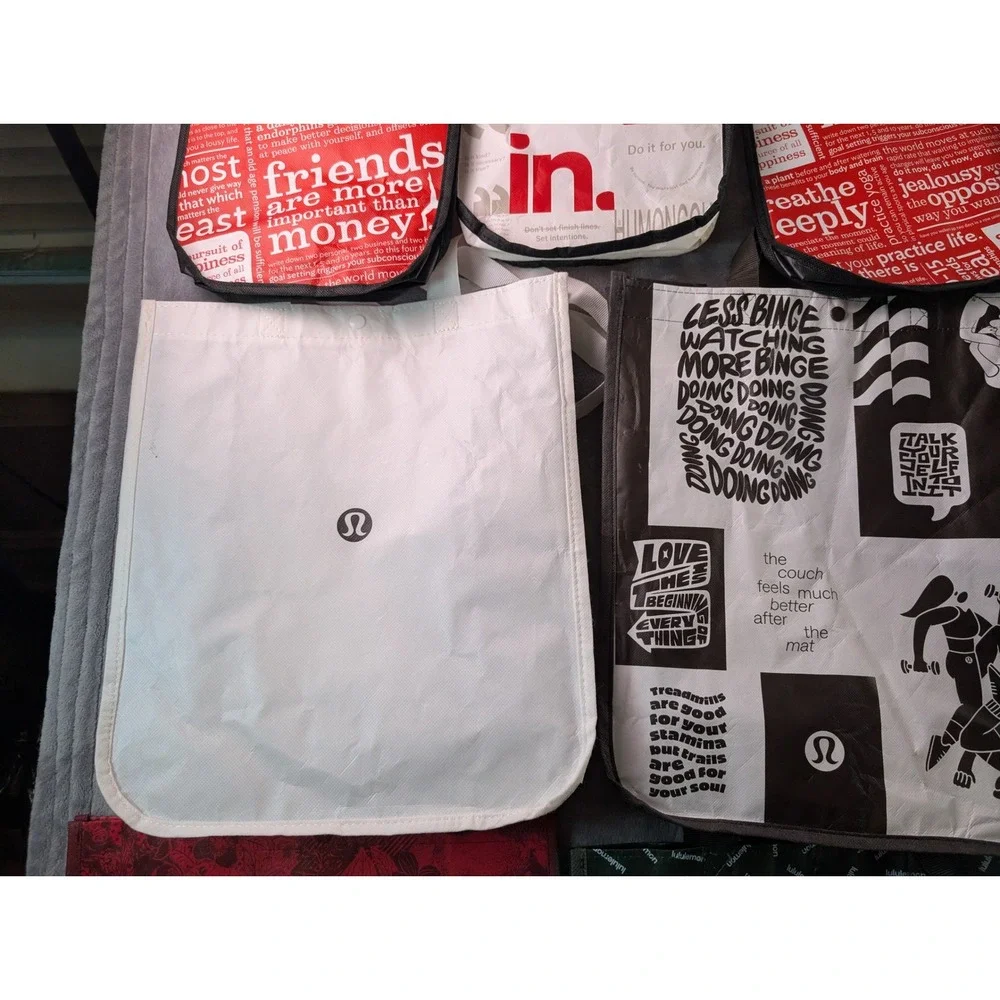 Lululemon Reusable Shopping Tote Bag Lot of 11 Mixed Sizes Red White Black Green